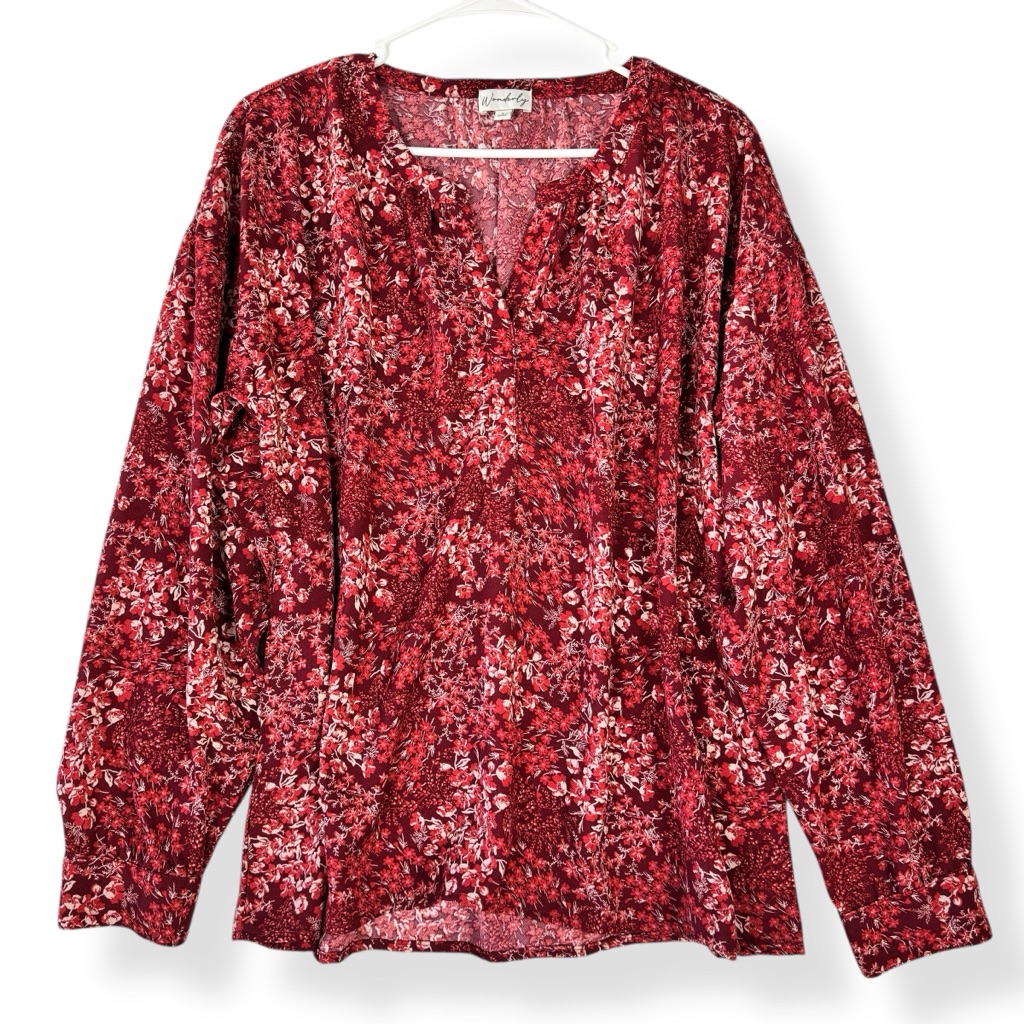 Wonderly Top Womens Large L Red Floral Print Long Sleeve V Neck